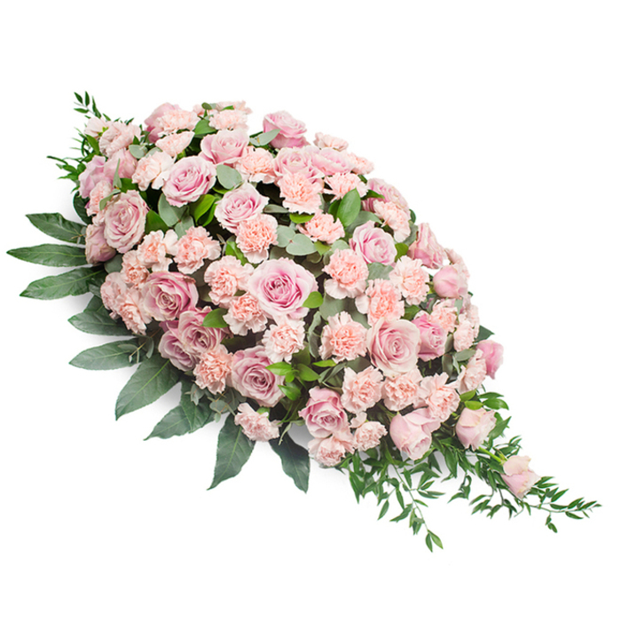 The image displays a lush, elongated sympathy spray gracefully shaped into a classic casket teardrop, lying on a crisp white background that highlights every bloom and leaf. At the full, rounded head of the spray, clusters of soft pink roses create a focal point of gentle colour, each rose layered with fine, spiralling petals that open outwards in shades of pale blush, dusty rose, and warm shell pink. Some flowers are wide open, revealing their hearts, while others remain just partly unfurled, adding a sense of quiet progression and time. Interwoven throughout are numerous light peach-pink carnations, their ruffled petals forming a textured tapestry that fills and softens the spaces between the roses. Together, the two flower types blend harmoniously, creating a pastel surface that feels both delicate and abundant. Surrounding this sea of pink, a frame of deep green foliage provides structure and contrast: broad, slightly glossy leaves anchor the edges, while slimmer, more flexible stems and fern-like greenery extend beyond the blooms, particularly at the tapering lower right point, introducing a graceful, trailing movement. The overall impression is calm, respectful, and gently romantic, reminiscent of the refined character of Clerkenwell's historic streets and quiet churchyards. The balance of shape, colour, and texture suggests the skilled eye of a local florist, arranging each flower to express condolence without overwhelming the senses. Intended as a funeral or memorial tribute, this spray would sit beautifully on a casket or beside a photograph at a service in Clerkenwell, Farringdon, or nearby King's Cross, offering a visual expression of sympathy, remembrance, and enduring affection.