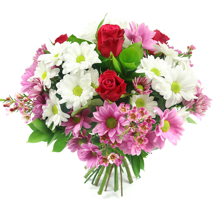 A vibrant, meticulously arranged mixed bouquet is displayed against a plain white background, its full, rounded form showcasing the skill of a florist used to designing for stylish Clerkenwell homes and studios. Several deep red roses stand proudly near the centre, the tight curls of their petals giving a sense of luxurious texture and fresh, just-opened beauty. Around them, white daisy-like chrysanthemums create a bright, halo-like effect, each flower defined by a distinct lime-green centre that adds a dash of contemporary flair and a feeling of invigorating freshness. Intertwined with these white blooms are plentiful pink-to-magenta daisy-style flowers, also featuring lively green eyes, contributing a warm, celebratory palette that feels equally at home in a design office on Farringdon Road or a cosy flat near Exmouth Market. Delicate sprigs of pale pink waxflowers lace through the arrangement, their clusters of tiny, star-shaped blossoms introducing fine, airy detail that softens the bouquet's outline, particularly along the lower edges where the texture feels almost feathery. The foliage is rich and layered: broad, dark green leaves form a supportive base, while smaller, lighter green leaves add contrast and a sense of natural movement, reminiscent of a small urban garden tucked between Clerkenwell's brick buildings. At the base, the stems are carefully gathered and tied, creating a neat bundle that highlights this as a hand-tied design ready for a vase on a dining table or reception desk. The balanced mix of red, white, and pink flowers with vibrant green accents makes this bouquet ideal for expressing love, appreciation, congratulations, or get-well wishes, and it would photograph beautifully for online galleries or editorial features about contemporary floral gifts in central London.