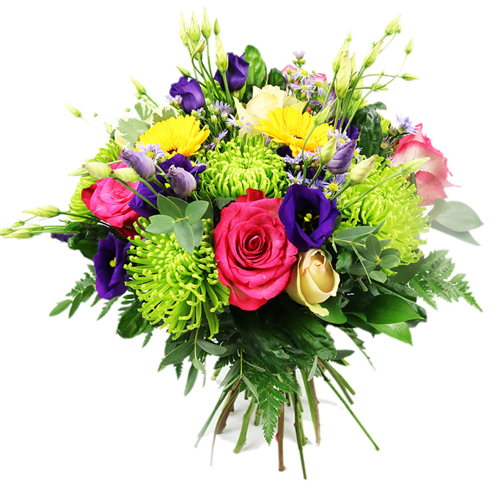 This detailed image shows a generously full, hand-tied bouquet, resting against a completely white background that highlights every nuance of colour and texture, much like a floral still life composed in a Clerkenwell gallery. Dominating the upper centre are several fully open hot pink roses, their velvety petals layered in tight spirals, catching subtle reflections of light to create a sense of depth and richness. Surrounding them, lime green spider chrysanthemums fan out in playful, spiky tufts, each narrow petal bending and curling to form a dynamic halo of chartreuse, lending a modern, sculptural feel to the design. Woven throughout, deep indigo and royal purple lisianthus add cool, jewel-toned highlights; some blossoms are open with softly ruffled, bell-shaped heads, while others remain in smooth, nodding buds, promising a longer-lasting display on a Clerkenwell windowsill or desk. Bright yellow gerbera-like blooms, with flat, circular faces and multiple fine petals, punctuate the arrangement with bursts of sunshine, balancing the cooler purple tones. Near the base, a single cream or pale-yellow rosebud, tightly coiled, introduces a gentle, understated elegance. Smaller accent flowers in pastel pink and lavender peek between the main blossoms, and slender stems tipped with buds rise slightly above the main dome, creating fine lines and movement. The entire bouquet is framed by a wealth of greenery: deep, glossy leaves, possible eucalyptus-style sprigs with rounded forms, and light, feathery fern fronds cascading gently from beneath the blooms. The stems are visible and neatly gathered, showing the hand-tied craftsmanship common to local deliveries around Clerkenwell. The overall mood of the arrangement is one of joy, creativity, and thoughtful celebration, perfect for congratulating a colleague, brightening a studio space, or sending a heartfelt message to someone near Farringdon Station or St John Street.