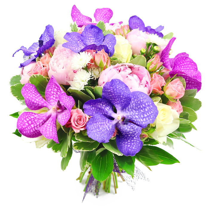 This image shows a sumptuous, colour-rich bouquet laid out against a bright white background, every element sharply defined as though freshly arranged on a workbench in a Clerkenwell studio. Dominating the design are generous pink peonies, fully open and overflowing with ruffled petals that create a luxurious, cushiony texture. Between these soft forms, Vanda orchids in shades of deep purple, indigo, and intense fuchsia rise up with sculptural presence; their broad petals are marked with a fine, speckled pattern that gives the impression of delicate netting layered over silk. Surrounding these star blooms is a constellation of smaller flowers: tiny spray roses in light pink and peach tones, petite rosebuds just beginning to loosen, and a scattering of creamy white roses that cool and balance the vibrant palette. Fine white filler flowers, likely small chrysanthemums or asters, are tucked throughout the bouquet, appearing like soft bursts of light among the richer hues. The flowers rest in a cradle of lush, glossy greenery, with both wide, deep-green leaves and smaller variegated leaves adding depth, contrast, and a sense of natural movement, reminiscent of the mature trees dotted around St John's Square. At the base, the stems are neatly pulled together and secured with a purple ribbon and a whisper of sheer mesh, leaving the cut ends visible and underscoring the bouquet's hand-crafted nature. The overall impression is one of polished elegance and joyful celebration, a floral design that would suit weddings at local Clerkenwell venues, milestone birthdays, or thoughtful thank-you gestures delivered to nearby offices and homes.