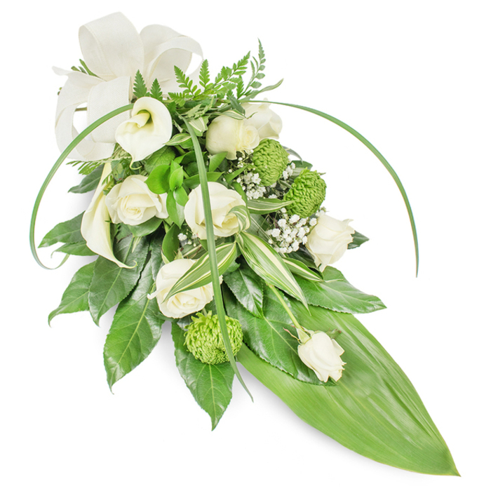 An elegant, long teardrop spray rendered in pale whites and vivid greens, conceived for moments of remembrance. Multiple creamy roses, shown in varied stages from tight bud to fully open bloom, create a soft, layered centre, their velvety petals catching diffuse light and suggesting a gentle, floral perfume. Two white calla lilies sit toward the upper left, their pure, sculptural forms lifting the composition with serene grace. Scattered among these are bright lime-green button chrysanthemums, small and spherical with a textured surface that provides lively contrast against the softer petals. Fine clusters of baby's breath infuse the bouquet with an almost ethereal lightness, gently breaking up denser areas. The supporting foliage is intentionally diverse: broad, glossy leaves form a rich foundation, variegated leaves with crisp white streaks add delicate contrast, and feathery fern fronds crown the top with natural softness. Long, slender blades of green arch across the arrangement to create a sense of flow and contemporary movement, while the design tapers to a single, smooth, bright green tropical leaf that forms the elongated tail. A restrained, off-white fabric bow at the upper left lends a formal, comforting accent. The composition, shown against a plain white background, emphasizes craftsmanship and calm; it is suited to funeral services, memorial displays or condolence tributes at chapels and venues around Barbican, Clerkenwell and nearby Farringdon, offering quiet dignity and layered texture that reads well from a distance and close up alike.