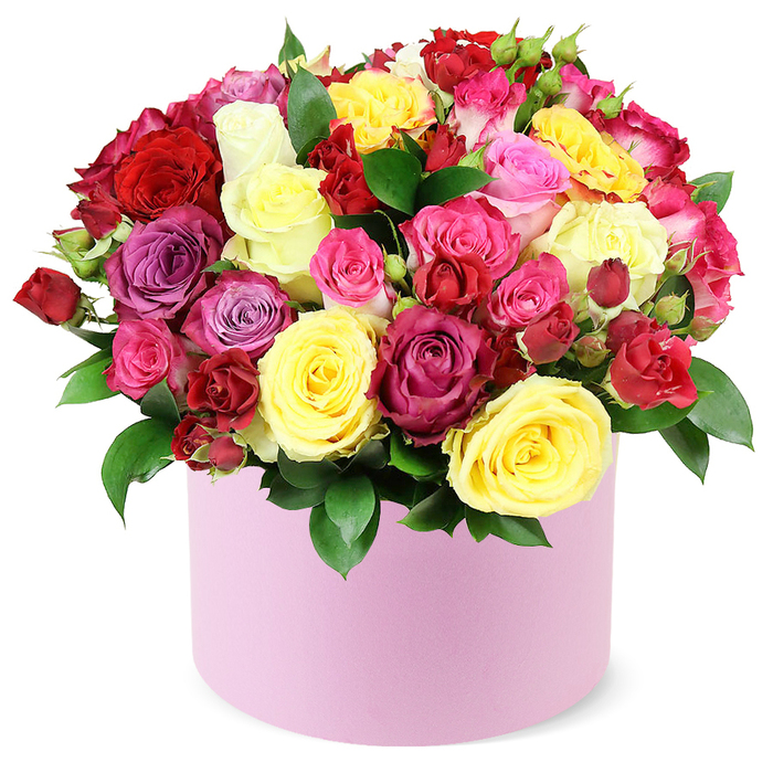 An opulent, multi-coloured bouquet of fresh roses sits proudly in a round, soft pastel pink hat box, the whole composition framed by a crisp white background. Dozens of blooms appear at different stages of openness-from tightly furled buds to fully opened roses-showcasing crimson, sunny yellow, fuchsia, soft pink, magenta, lavender, and creamy white. Dark green leaves and sturdy stems weave through the dense cluster, offering a lush backdrop that makes the petals glow. The cylindrical box, with its smooth matte finish, adds a modern, elegant contrast to the lush abundance above. The domed silhouette conveys generosity and celebration, as if the bouquet is ready to spill a little joy onto a room. In Clerkenwell, this kind of generous arrangement suits milestones from birthdays to anniversaries to Mother's Day, and it travels well for same-day delivery to nearby streets such as Farringdon Road, Islington, or towns near Exmouth Market. Crafted with disciplined balance and texture, this bouquet blends romance with contemporary design, inviting a moment of quiet reflection as the fragrance of roses fills the air and the colours warm a space.