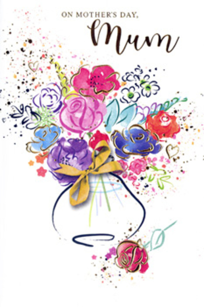 On this artistic Mother's Day card, a spirited bouquet blooms in watercolour, its colours spilling and mingling with carefree elegance. Broad, fluid petals in hot pink and cerise form the heart of the arrangement, each outlined with inky indigo strokes that give the flowers both structure and a gentle sense of motion. Around them, airy clouds of lavender, cornflower blue, and soft apricot float outward, creating a lively contrast that feels as light as spring air along Clerkenwell Road after a morning shower. Subtle touches of gold glint along the edges of petals and leaves, sketching out their contours like highlights of early sunshine on a windowsill arrangement. These golden accents also gather into a slim bow at the base of the vase shape, suggesting the type of thoughtful finishing a local florist near Farringdon might add before delivering flowers to a much-loved mum. The vase itself is indicated with a few curved, translucent strokes rather than hard lines, making it feel almost weightless, as if the bouquet is suspended in a moment of emotion rather than simply resting on a table. Around the main cluster, droplets, splashes, and tiny hearts scatter loosely across the white background, hinting at confetti, shared memories, and the small, spontaneous gestures that make a mother's love feel so enduring. The composition balances exuberance with tenderness, like a sketch made quickly before the feeling fades, yet refined enough to keep forever. It is a card that looks and feels like a modern Clerkenwell bouquet translated into paint, celebrating gratitude, admiration, and the lifelong bond between mother and child.