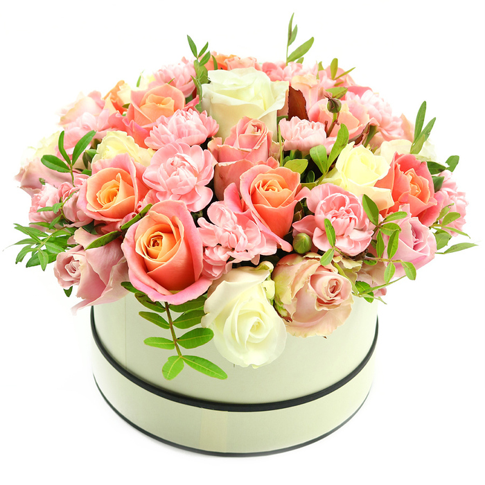 This elegant hatbox bouquet is a study in gentle contrasts and thoughtful composition, presented in a pale cream round box trimmed with two slim, dark bands that frame the flowers like a picture. The arrangement rises in a lush, domed shape composed primarily of roses and carnations: many roses show a warm, coral-peach centre that graduates to apricot and then to soft blush-pink and creamy ivory at the outer petals, their overlapping layers forming a tactile, velvety surface. Intermingled among the larger roses are clusters of light baby-pink carnations, their frilled petals lending delicate texture and fullness. Scattered sprigs of vivid green foliage, with narrow leaves, thread through the blooms to give the palette a crisp, natural highlight and to articulate the bouquet's depth. Under clean, neutral lighting against a white background, every nuance of hue and petal form is visible - from tightly furled buds to fully open roses - revealing the meticulous craftsmanship behind the design. The aroma suggested by the composition is soft and powdery with a fresh vegetal lift, evoking a morning stroll in a garden near Clerkenwell Green. As a florist at Clerkenwell Flowers I picture this arrangement arriving on doorsteps around Farringdon Road or being placed on a mantelpiece overlooking St John's Square; it makes an exquisite gift for anniversaries, birthdays, Mother's Day, or as a refined thank-you that carries both warmth and quiet sophistication. The overall mood is luxurious yet intimate, a piece that gestures toward affection and thoughtful care without overwhelming the senses.