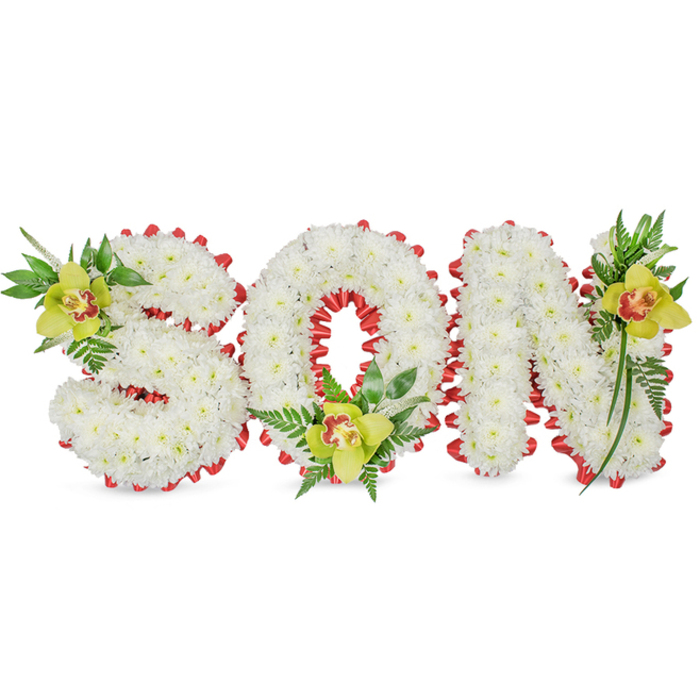 A composed and deeply respectful floral tribute reads SON in bold, three-dimensional letters entirely faced with small, immaculate white chrysanthemum blooms so closely placed they create a plush, sculpted surface resembling soft snow. The clean white field is edged with a dramatic red ribbon, carefully looped into a scalloped border that follows each letter's contour and accents the negative space of the O with a bright, controlled flourish. Integral to the design are three lime-green Cymbidium orchids - one tucked into the upper left curve of the S, one nestled at the base of the O, and one positioned on the upper right of the N - their yellow-green petals and subtle pale orange to reddish-brown throats offering a gentle focal warmth. Each orchid sits amid lush green leaves and fine fern fronds that trail and lift, adding texture and a quiet botanical movement against the crisp white. The interplay of matte chrysanthemum petals, glossy orchid waxiness, and the satin sheen of the ribbon creates layered visual depth suitable for close viewing at a chapel or funeral home. Prepared with the attentive hand of a local florist familiar with Clerkenwell and nearby Spa Fields, this arrangement reads as an elegant, personal tribute designed to convey love, memory, and quiet strength. Its restrained palette and precise workmanship make it appropriate for memorial services, graveside displays, or as a photographed keepsake for family members.