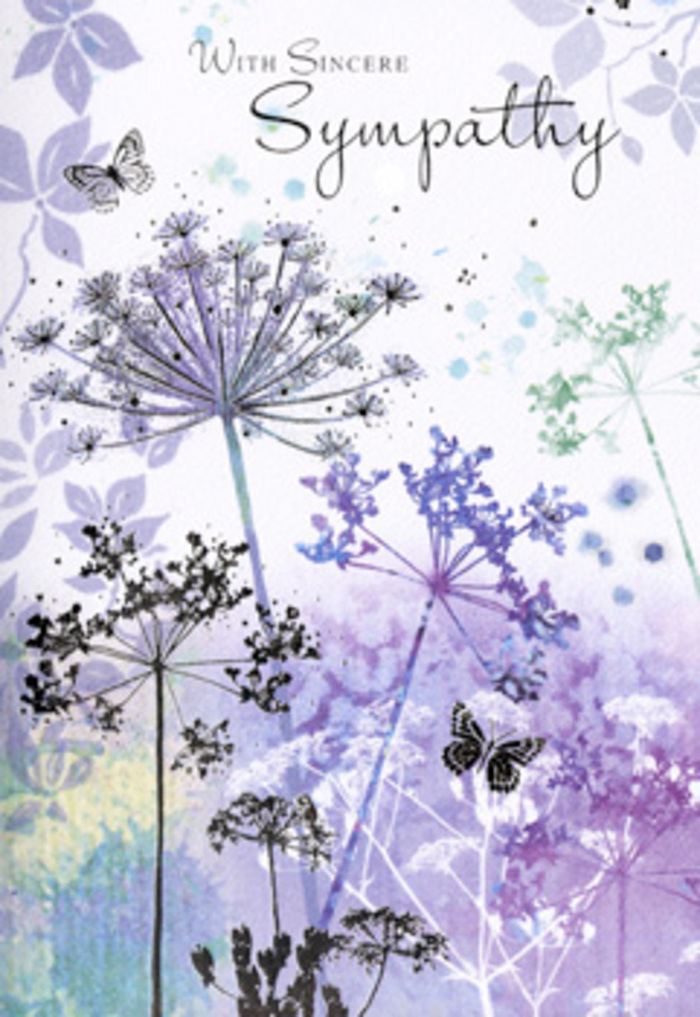 This sympathy card presents a tranquil, contemplative landscape, as if a wild patch of meadow has been distilled into soft watercolour and set down just off Clerkenwell Road. Tall, spindly wildflowers with umbel-shaped heads arch gracefully across the design, their filigree forms painted in translucent tones of violet, heather, and powdery blue. Each stem is slender and slightly curved, giving a natural rhythm to the composition, like the slight sway of flowers you might notice near a quiet corner of St John's Gardens when the air is still. Behind the intricate silhouettes, the background melts into layers of blurred colour: veils of mauve, lilac, and pale greyish green that suggest early morning light catching on distant foliage. Two butterflies hover above the wispy petals, their shapes soft-edged and understated, symbols of hope and continuity gently woven into the scene. The light seems diffused, as though clouds have softened the sun, creating an atmosphere of gentleness, reflection, and respectful silence. Nothing shouts for attention; instead, the entire illustration encourages slowing down, breathing more deeply, and letting feelings settle. The card's overall effect is similar to the calm we try to create in the workshop at Clerkenwell Flowers when preparing sympathy tributes: a balance of grace, quiet beauty, and thoughtful restraint. For anyone seeking to send support to a bereaved family, this card does more than carry words. It becomes a small sanctuary of calm, a space in which the recipient can pause, remember, and feel the steady reassurance of nature's enduring cycles.