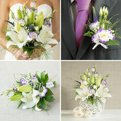 Viewed together as a single image, four panels demonstrate how a single floral palette can dress every wedding moment with quiet cohesion. The bride's bouquet in the top-left panel is generous yet composed: creamy oriental lilies in varying stages of bloom-some fully open with their pollen-laden stamens exposed, others showing sleek buds-paired with double-edged white lisianthus that glow with purple rims. Deep-purple spike flowers and delicate green grasses weave through the arrangement, offering contrast, texture and subtle movement; the overall impression is fragrant, soft and dramatically refined under a tender, golden light. The top-right frame focuses on the groom's boutonnière, pinned to a dark charcoal-grey lapel with a purple silk tie peeking beneath; a single purple-rimmed Eustoma bloom, a tiny lily bud and a sprig of spiky purple accents are tied with a neat white ribbon, mirroring the bride's florals in miniature. Bottom-left shows a hand-tied bridesmaid or toss bouquet resting on a textured beige cloth-compact, ribbon-wrapped stems and matching flowers create a cohesive bridal party look. Bottom-right presents a tall, contemporary centerpiece in a white open-lattice spherical vase, where cascading greens and upright grasses mingle with open lilies and purple-edged lisianthus to form an elegant, airy tower; two woven beige spheres beside it reinforce a natural, woven aesthetic. As a local floral take, this carefully crafted set was designed in our Clerkenwell studio, drawing inspiration from the markets and quiet squares around Exmouth Market and St. John's Street, with the same careful attention to scale and scent that defines work from Clerkenwell Flowers.
