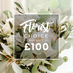 This bouquet radiates simplicity and grace, with creamy roses at the center and clusters of lisianthus threaded through pale pink and ivory tones. The greenery, including sage-green leaves and silvery eucalyptus, catches the light and lends a soft shimmer, while slender olive branches add structure and a touch of rustic charm. The arrangement feels carefully composed, as if chosen for a meaningful moment such as an anniversary or a heartfelt apology, yet entirely suitable for a thoughtful everyday gift. A white square overlay sits across the middle, carrying the Florist name in a flowing script at the top, the word CHOICE in bold uppercase beneath, and a smaller line noting the price below. The background remains softly blurred, allowing the flowers to glow with a quiet radiance. This premium arrangement is a testament to refined urban floristry, crafted to delight recipients across Clerkenwell and the surrounding City neighborhoods, with available delivery and fresh, seasonal stems that uphold a sense of lasting beauty.
