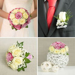 This collage of four wedding images presents a complete, harmonised floral story, like a walk through a Clerkenwell celebration from aisle to reception table. In the top-left panel, only the bride's torso is visible: she wears a white gown with delicate lace along the bodice, and in her hands rests a perfectly round, hand-tied bouquet. Cream and pale yellow roses form the foundation, while richer pink and mauve roses add depth and romance. Small tufts of white baby's breath and flickers of glossy green foliage thread between the blooms, so the bouquet feels both lush and controlled, a timeless choice for a ceremony off Farringdon Road or near Clerkenwell Green. The top-right panel zooms in on the groom's boutonniere set against a dark grey suit jacket. A single, pristine white rosebud stands at the centre, backed by tiny white filler flowers and a sprig of greenery, its stems bound in a crisp white satin bow. The boutonniere is framed by a vivid red silk tie and white shirt, creating a confident contrast while echoing the bridal flowers with subtle sophistication. In the lower-left panel, a bridesmaid's bouquet lies on a lightly textured linen surface. The design echoes the main bouquet but with a more relaxed shape: open cream and pale yellow roses, bright pink roses, generous baby's breath, and soft green leaves, all tied with a pink and white striped ribbon that adds a cheerful, handmade charm, as if prepared for photos outside a Clerkenwell café. The bottom-right panel reveals a compact table arrangement of the same palette, arranged atop a spherical white twig vase. Two smaller woven natural spheres sit nearby on a white surface against a muted beige backdrop, evoking relaxed, contemporary London wedding décor suitable for intimate receptions across EC1.