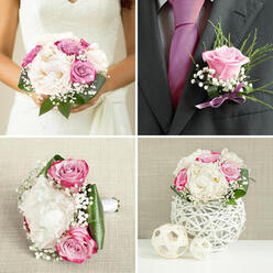 A carefully styled wedding flatlay showcases a complete floral story, as though prepared in a Clerkenwell studio moments before being carried to a nearby ceremony. The bride's bouquet is the heart of the scene, brimming with lush cream peonies and layered blush-pink and lilac roses, all gently wrapped in clouds of white gypsophila. Each bloom opens generously, revealing ruffled, petal-rich centres that almost seem to shimmer in the soft, natural light, like morning sun spilling across a windowsill near St John Street. Surrounding this focal bouquet, coordinating pieces-a petite groom's boutonnière, clustered posies, and hints of greenery-mirror the same colour harmony: creamy whites, soft blush, gentle lavender, and bolder magenta accents. The greenery is smooth and sculptural, offering a fresh, polished frame that keeps the pastel tones from feeling too delicate. You can sense the florist's hand in the layered textures: the velvet of rose petals, the feathery touch of baby's breath, the calm gloss of deep green leaves. Together they form a balanced composition that suggests both romance and intention, ideal for an intimate celebration in one of Clerkenwell's hidden courtyards or converted warehouse venues. The flowers seem to breathe with quiet emotion-hope, tenderness, and the promise of a day shared with close family and friends. This image feels like a pause before the walk down the aisle, capturing the fragrance, colour, and craftsmanship that define a thoughtfully curated London city wedding.