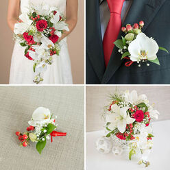 This four-part image captures a cohesive wedding floral scheme in reds, whites and deep greens with the attention to detail of a seasoned London florist. In the top-left frame a bride stands against a pale beige backdrop, the lace of her bodice catching a soft, diffuse light while she holds a large cascading bouquet: star-shaped white lilies pair with clustered red roses and trailing white phalaenopsis orchids, while tiny white baby's breath and bright red hypericum berries add texture and contrast amid varied foliage. The top-right vignette concentrates on a groom's boutonniere pinned to a dark charcoal jacket above a striking red tie; its focal point is a single, immaculate phalaenopsis orchid, flanked by two compact bunches of red berries, small glossy leaves and a filigree of baby's breath, all bound with a slim red ribbon echoing the tie. The bottom-left image shows that same boutonniere laid flat on lightly textured linen, revealing petal sheen, berry waxiness and the neat ribbon loop in gentle detail. In the bottom-right the composition expands into a low table centerpiece held in a white woven vessel on a clean surface, accompanied by white spherical decorative accents; it repeats the bouquet's language - lilies, roses, orchids, berries and fine greenery - arranged for balance and movement. The overall effect is classic with a modern curve, scented faintly of roses and lilies, appropriate for a civil or church wedding in Clerkenwell or a reception near Exmouth Market, and ready for careful local delivery to nearby Farringdon and surrounding streets.