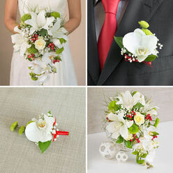A four-panel collage presents a refined wedding flower story, as if unfolding across the streets and venues around Clerkenwell and Farringdon. In the top-left panel, the bride is shown from the neckline down, holding a luxurious cascading bouquet against a soft beige background that flatters the creamy tones of her subtly textured white dress. The bouquet is abundant yet carefully composed: large, starry white oriental lilies open wide at the centre, their velvety petals contrasted by trailing stems of white Phalaenopsis orchids that fall in gentle arcs. A single cream rose brings a buttery warmth, surrounded by bright green spherical blooms reminiscent of Santini chrysanthemums, crisp red berries, and delicate sprays of white gypsophila. Fine green grasses and light foliage weave between the flowers, giving the arrangement a fresh, flowing movement. In the top-right image, a groom in a dark suit, white shirt, and vivid red tie wears a coordinating boutonnière on his lapel. The small design mirrors the bouquet with a single white orchid, a touch of rounded green flower head, and tiny white filler blooms, all neatly bound with a bright red ribbon that picks up the colour of his tie. The bottom-left panel offers a close-up of this boutonnière resting on pale, textured fabric, revealing the smooth orchid petals, glossy leaf base, and the precise wrap of ribbon. In the bottom-right image, the bridal bouquet stands upright in a white, woven basket-style vase on a clean white surface against a light grey wall, with three white wicker balls adding a modern decorative touch, evoking a reception table styled by a local Clerkenwell florist.