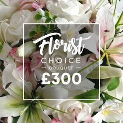 Imagine this Florist Choice Bouquet as if hand-delivered to a friend on a sunlit Clerkenwell morning. The image foregrounds white roses at various stages of opening, their petals soft and velvety, paired with white lilies whose inner petals are touched by a gentle pink, and punctuated by tiny pale pink blossoms. A veil of pale green foliage-likely eucalyptus-winds through the bouquet, giving the arrangement a fresh, woodland aroma and a refined, silvery sheen. The blooms appear abundant yet controlled, as if a skilled hand had measured each stem for perfect proportion, creating a generous bouquet that would lift a birthday celebration or steady a day needing comfort. The light is gentle and diffused, casting a warm hush over the petals and making Clerkenwell's streets feel momentarily far away.

Centered in the image is a clean white overlay with a slim border. It carries the product label with quiet confidence: 'Florist' in an elegant script, 'CHOICE BOUQUET' in uppercase sans-serif, followed by '? BOUQUET ?' and the bold '?300' in large white numerals. This is premium product storytelling-a bouquet meant to be treasured, whether for anniversaries, heartfelt thanks, or sympathy gestures that carry enduring grace. It's described here as available for same-day delivery across Clerkenwell and nearby pockets of the city, from Farringdon to Exmouth Market and the lanes that knit this community together, ensuring freshness and a personal touch from your local florist.