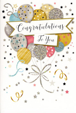 An elegant congratulations card unfolds like a small celebration on paper, its design echoing the joyful energy of a balloon bouquet floating above Clerkenwell Green. The central focus is a cluster of rounded balloons, each one rendered in soft metallic tones of gold, silver, champagne, sky blue, and gentle blush pink. They overlap softly, creating a sense of depth, as if some are drifting closer while others hover just behind. Fine patterns of glittering stripes, polka dots, and tiny stars dance across their surfaces, catching imaginary light the way evening sun glints off the stones of Exmouth Market. Slim, curling tails of ribbon in shimmering gold and silver sweep downward in graceful arcs, tracing playful paths that suggest movement, like a breeze swirling through the narrow streets around St John's Lane. Scattered around the balloons, a sprinkling of stars, confetti, and delicate curls fills the pale background, evoking the scatter of table decorations after a joyful gathering. Across the centre of the image, a ribbon-like banner stretches out, gently curved as if floating in the air, bearing the word 'Congratulations' in a flowing, classic script that feels warm and sincere rather than formal. The whole composition suggests a refined yet effervescent celebration, with textures that hint at embossed printing and fine glitter you might feel under your fingertips. As a florist who often pairs cards with congratulatory bouquets for promotions, exam results, and new ventures across Clerkenwell and nearby Farringdon, I see this as the perfect companion to a fresh arrangement-an understated yet sparkling way to say, "I'm proud of you" and mark a moment of genuine achievement.
