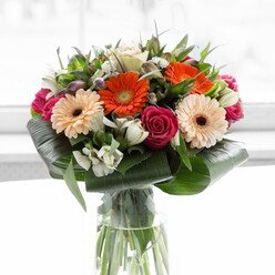 Basking in the gentle midday light that filters through a Clerkenwell studio window, this exquisite bouquet offers a refined yet exuberant tribute to nature's bounty. The eye is first drawn to the radiant orange and softly blushed peach gerberas, whose broad petals seem to capture the warmth of a spring afternoon in Spa Fields. Tightly wound magenta roses add a thread of romance, their luxurious colour deepening the arrangement's emotional resonance. The bouquet's crisp whites-delicate alstroemeria and petite spray roses-evoke the purity of fresh London mornings and enhance the striking interplay between light and shadow. Aspidistra leaves curve gracefully around the vase's rim, their glossy, paddle-shaped forms reminiscent of the leafy canopies tucked away in Clerkenwell's secluded courtyards. Each stem is meticulously placed, with variegated greenery filling gaps and lending volume, their tender, living vibrance hinting at the shop's proximity to bustling local markets. Through the vase's clear form, a latticework of stems anchors the display in organic authenticity. The overall effect is uplifting yet tranquil-a composition designed for joyful occasions, professional milestones, or simply to brighten a loved one's day in Clerkenwell. As a florist here, I sense the subtle fragrance of roses and lilies mingling in the air, creating an invitation to pause, appreciate, and connect. From composition to mood, this bouquet celebrates the spirit of community and care found throughout Clerkenwell.
