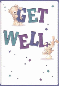 This vibrant get well card, so aptly capturing the warmth of Clerkenwell neighbours, features a lovable teddy bear perched atop a bold 'GET' and a playful puppy gently pushing 'WELL' beneath. Their softened forms and bright, expressive eyes channel encouragement in every detail, reminiscent of a sunlit bouquet gathered on a stroll up St John Street. The typography is lively, lush with purples and teals, their cheerful tones lending modernity against a crisp, clean background. Starlike bursts scatter through the air, like small celebrations echoing the optimism that fills the neighbourhood's little gardens after rain. There's a tangible warmth to the card's texture, much like the comforting presence of seasonal stems carefully hand-tied by Clerkenwell florists. This card is the visual equivalent of a hand-delivered bouquet-its design intended to brighten, to reassure, and to remind the recipient they're held in the hearts of Clerkenwell friends and family, especially when a little cheer is needed most.