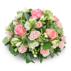 Set against a stark white surface, this compact, rounded arrangement unites soft pink roses and pristine white freesia into a serene, tactile composition that reads both classical and intimate. The larger pink roses-some in full, sumptuous bloom, others just beginning to unfurl-sit as the arrangement's anchors, their petals velvety and layered in shades from pastel blush to warmer salmon. Intermingled are smaller spray roses and tiny white filler blossoms that add depth and a delicate scale, while clusters of white freesia rise with their trumpet-like blooms; a few open to reveal pale yellow stamens and a subtle, citrusy perfume that lifts the bouquet's quiet sweetness. The rich backdrop of deep green foliage-broad glossy leaves likely ruscus or salal-forms a lush base, and variegated leaves with creamy edges weave through the mass to catch light and introduce soft contrast. The florist has hidden stems completely, producing a smooth, domed silhouette that feels polished yet natural, as though gathered from a calm London morning. Soft, diffuse daylight sculpts the arrangement, accentuating petal texture and the gentle interplay of pink and white. Visually, this piece would sit well on a mantel in a Clerkenwell flat off Farringdon Road or as a thoughtful tribute placed near the rose beds of Spa Fields Park, conveying consolation, gentle affection, or celebratory tenderness. Its craftsmanship suggests careful handling and local knowledge of seasonal blooms, a comforting floral statement for moments of memory and quiet celebration.