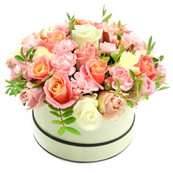 Imagine the sensation of velvet petals layered like soft brushstrokes inside a round hatbox - this composition is precisely that feeling translated into blooms. A pale cream hatbox with two discreet dark bands holds a dense, domed bouquet where large roses dominate, their centres glowing coral-peach and apricot before dissolving into blush and ivory at the petal edges. Scattered among these are profusions of pale pink carnations whose ruffled, cottony frills create tactile contrast and visual depth. Small, bright green leaf sprigs emerge intermittently, their elongated shapes offering a crisp, fresh counterpoint to the blooms' creamy warmth. The arrangement is lit by gentle, natural light that highlights petal translucence and shadow, making each rose read as both sculptural and tender. Texturally the bouquet balances velvety rose faces with the delicate lace of carnation edges, and together they produce a soft, welcoming silhouette that invites leaning in and breathing deeply. The overall impression is made with skilled restraint: luxurious yet approachable, sentimental without sentimentality. In Clerkenwell terms, this is a floral moment that would feel at home set down beside a coffee from Exmouth Market or delivered as a refined gesture to a friend working near St John's Square. It suggests occasions - intimate birthdays, anniversaries, new-home greetings, or simply an expression of appreciation - where the gift's craft and colour create a memory as tender as the scent that lingers after the bouquet is opened.