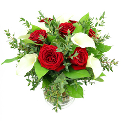 A refined arrangement of rich red roses and pure white calla lilies is presented in a simple clear glass vase, its form and colours sharply defined against a crisp white backdrop. At the centre of the bouquet, several fully opened roses display velvety petals in a deep, saturated crimson, each bloom spiralling inward with the soft complexity of a well-thumbed novel found in a Clerkenwell bookshop. Between the roses, white calla lilies rise with graceful curves, their trumpet-shaped spathes smooth and gently flared, revealing delicate yellow spadices that lend a hint of warmth to their cool ivory tones. Surrounding this dialogue of red and white is an abundant halo of greenery: slender-leaf eucalyptus brings a silvery blue-green softness and a sense of movement, while broader, darker green leaves create a lush, structured base that anchors the design like the quiet, leafy streets around St John's Square. The stems stand straight within the cylindrical vase, bathed in clear water, and a subtle ribbed detail near the base adds a small touch of texture without distracting from the flowers. Bright, even lighting washes over the arrangement, accentuating the contrast between the intense roses and the calm lilies, and bringing out the fresh vitality of every leaf. The overall mood is one of composed romance and understated celebration, perfectly suited to an anniversary dinner off Clerkenwell Road, a Valentine's delivery to a studio near Farringdon, or a thoughtful gift to say "you're cherished" in a way that feels both modern and enduring.
