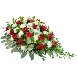 Set against a clean white background, this horizontal spray of red roses and white carnations has the quiet gravity of a well-considered farewell. The arrangement starts fuller and rounded on the left, then gradually narrows into an elegant, tapering point on the right, almost like the slow fade of a final goodbye. Deep crimson roses, with petals still tightly layered and velvety, rise gently from the centre of the design, their colour rich and reassuring. Between and around them sit plentiful white carnations, each bloom made up of finely ruffled petals that introduce softness and a sense of peaceful stillness. The flowers rest on a generous bed of greenery: broad, dark green leaves form the structural base, while sprigs of silvery eucalyptus thread through the design, offering a muted, smoky green that lightens the palette and hints at a calm, cool fragrance. More delicate, lighter green stems stretch outward from the right-hand edge, giving the tribute a natural, flowing movement, as though the flowers are being carried on a gentle breeze. The overall impression is one of solemn beauty and quiet strength, characteristic of a funeral or memorial tribute prepared with care for a service in Clerkenwell, perhaps not far from Exmouth Market or the calm spaces around Spa Fields. Designed to lay flat as a casket spray or prominent memorial piece, this red-and-white combination speaks of deep love, respect, and the wish to honour a life with grace and dignity.