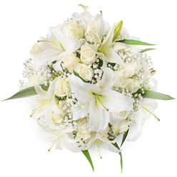 From a bird's-eye view this pristine circular bouquet reads like a soft, white halo: several large, elegant white oriental lilies unfurl their trumpet-shaped petals to reveal pale green stamens, while a gathering of creamy ivory roses in bud and partial bloom creates a plush, layered texture beneath them. Interwoven throughout are delicate clouds of Baby's Breath (Gypsophila), their tiny white florets catching the light and adding an airy, almost snowfall effect that fills the bouquet without competing with the main blooms. Small bright green leaves edge the composition, providing a fresh visual punctuation that emphasizes the round, densely packed form. The overall tone is serene and refined; the even studio lighting highlights the lilies' satin sheen and the roses' velvety folds, and one can almost imagine the soft fragrance - a subtle sweetness balanced by the lilies' clean scent. This arrangement feels perfect for moments that call for calm dignity: a wedding ceremony, a christening in a quiet church near Farringdon Road, or an elegant sympathy tribute. As a local florist familiar with Clerkenwell and the nearby Smithfield area, I would recommend this bouquet for clients seeking classic white florals delivered with care across the neighbourhood; its balanced composition and gentle hues convey purity, hope, and understated sophistication without fuss or excess.