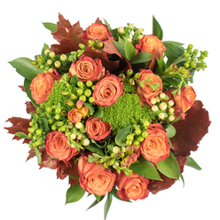 From a bird's-eye perspective on a stark white backdrop, this autumnal creation reads like a miniature harvest festival. At its core, fully opened roses present a gradient of warm tones - soft peach and coral flowing into vivid orange, their outer petals touched with a russet-red that suggests fallen leaves along Clerkenwell Green. Interspersed among the roses are clusters of Hypericum berries in bright lime-green and soft cream, their glossy spheres giving the composition playful punctuation and tactile contrast. Green Trick dianthus, feathered and velvety, forms verdant mounds that soften the silhouette and introduce an unexpected, almost moss-like texture. The greenery is layered carefully: broad, shiny leaves offer a supportive foundation while deep reddish-brown lobed leaves - like dried oak or maple - are placed to anchor the palette and reinforce the season. The arrangement is tightly composed and circular, designed to sit low as a table centrepiece; lighting is gentle and even, letting the velvety petals and smooth berries glow without glare. As a local florist arranging for homes around Farringdon and Exmouth Market, I imagine this bouquet enlivening a Thanksgiving table, greeting guests in a cosy Clerkenwell flat, or arriving as a comforting seasonal gift. There's a quiet, tactile quality to it - the softness of petals, the crispness of dried tones, a hint of green-earth scent - that makes the piece feel handcrafted and intimately tied to the neighbourhood's autumn moods.