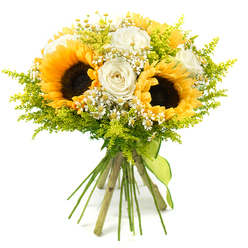 Captured against a pure white backdrop, this hand-tied bouquet glows with the warmth of a late summer afternoon. Dominating the arrangement are several large sunflowers, their dark, textured centres ringed by bold golden-yellow petals that overlap in generous layers, creating a feeling of abundance and open-hearted cheer. Interwoven with these bright faces are elegant white roses, some still slightly cupped, others beginning to unfurl, their creamy-ivory petals smooth and thick, adding a luxurious softness to the composition. Between them, clusters of tiny white daisy-like flowers, reminiscent of chamomile or feverfew, dance lightly through the bouquet; their petite yellow centres echo the sunflowers while lending a whimsical, cottage-garden character. Surrounding and supporting every bloom is an airy haze of lime and chartreuse foliage, likely fine solidago or similar filler, with feathery stems and small buds that catch the light and give the arrangement a fresh-from-the-garden look, much like seasonal flowers found around Clerkenwell Green or Exmouth Market. The stems, left clean and straight, are gathered firmly in the florist's hands and finished with a simple lime-green ribbon tied around the base, its colour perfectly matching the foliage and adding a polished, contemporary touch. The bouquet's rounded silhouette feels both spontaneous and carefully composed, striking a balance between rustic charm and refined elegance. It suggests a joyful gift suitable for celebrating a new flat in Clerkenwell, marking a promotion, or sending a beam of sunshine to someone's day, while showcasing the craftsmanship and natural beauty typical of local artisan floristry.