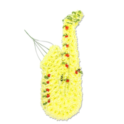 This image shows an elaborate floral saxophone tribute set against a pure white background, the neutral setting drawing attention to every thoughtful detail of the arrangement. The saxophone's body is completely formed from tightly packed, sunny yellow chrysanthemums, their soft, cushion-like blooms creating a smooth, continuous surface that mimics the gentle bends and graceful sweep of a real instrument. Scattered along this golden pathway, small red spray roses and rosebuds are placed with precision to suggest the keys, creating a lyrical rhythm of colour that guides the eye from the mouthpiece down to the bell. Fine threads of trailing green foliage wrap and twist along the edges and curves, like musical phrases flowing across a page, adding depth, movement, and a natural contrast to the bold yellow base. Delicate green and silver-toned wires are just visible near the mouthpiece area, a quiet reminder of the careful craftsmanship needed to keep this tribute upright and secure, much as a musician relies on technique to support every note. The flowers appear freshly arranged, as though prepared that same morning in a Clerkenwell flower studio, with the gentle scent of chrysanthemums and roses imagined drifting through the air. Emotionally, the design feels like a farewell song, particularly fitting for a funeral or memorial service honouring a jazz lover, band member, or someone whose life in Clerkenwell was closely tied to music. The blend of yellow and red evokes remembrance, admiration, and gratitude, making this a heartfelt way to celebrate a life lived in full, melodic colour.
