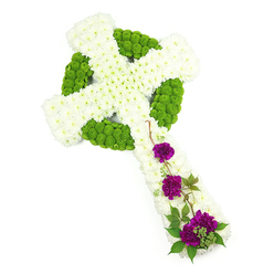 Set against a crisp, pure white background, this floral Celtic cross tribute appears almost to float, its colours and textures carefully balanced to convey reverence and gentle hope. The main body of the cross is densely covered with small, immaculate white chrysanthemums, each flower head carefully aligned so that the petals form a smooth, cushioned surface along the vertical and horizontal arms. Running around these white sections and forming the distinctive ring of the Celtic cross, compact lime green button chrysanthemums create a vivid outline. Their rounded, bead-like forms and fresh, grassy tone lend structure and rhythm, echoing the interlaced patterns associated with Celtic art. Where the lower arm widens, three grouped accents of deep purple and magenta carnations rise from the white base, their layered, frilled petals providing a rich contrast in both colour and texture. These clusters are interlaced with fine trails of dark green foliage and slender tendrils, which curl gently across the surface, as if nature itself is softly embracing the cross. The lighting is clean and even, typical of a professional Clerkenwell studio shot, so every bloom appears crisp and freshly arranged, from the cool whites to the vibrant greens and regal purples. This design would feel at home in a quiet memorial service in one of the churches around Clerkenwell Green or near Farringdon, where families seek something that speaks to both tradition and personal memory. The overall impression is calm and dignified, a thoughtful funeral tribute that brings a sense of peace, continuity, and sincere sympathy.