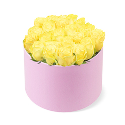 A chic, round floral hat box brimming with sunshine-yellow roses is centred against a pure white backdrop, like a small celebration captured in still life. The arrangement is tightly composed, with roughly two dozen roses pressed closely together so that their velvety petals form a rounded mound of colour just above the rim of the box. Each bloom is expertly opened to a similar size, creating a harmonious pattern when viewed from above, while at eye level you can appreciate the subtle gradation of tones, from richer golden hearts to softer, buttery outer petals. Sparse touches of fresh green foliage are tucked discreetly between the flowers, barely visible yet adding a hint of natural contrast. The container is a smooth, cylindrical box in a soft pastel pink, finished with a matte texture that suggests a luxurious, fabric-like feel, as if lined with suede. Its gentle blush hue sets off the bright roses beautifully, calling to mind the stylish, design-focused interiors found around Clerkenwell and nearby Exmouth Market. The lighting in the photograph is even and diffused, flattening harsh shadows and allowing the colours to appear clean and true, with the white background amplifying the sense of modern simplicity. This composition carries a warm, joyful mood, reminiscent of a thoughtful delivery arriving at a studio or apartment near Farringdon Station, perfect for a birthday, a thank-you gesture, or simply to bring some cheerful elegance into a workspace. The overall effect is refined yet uplifting, like a quiet reminder of friendship and optimism crafted by a skilled local florist.