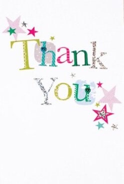 This thank-you card captures delight in a composition that feels both celebratory and idiosyncratic. On a bright white backdrop the phrase "Thank You" is stitched across the front, each letter a tiny personality: lime-green loops, fuchsia flourishes, and cool-blue strokes that read like a parade of colour. Some characters are dusted with a whisper of silver glitter, while others carry polka dots or fine stitched details that catch the light and invite touch. Around the phrase, stars in magenta, deep teal and a warm gold scatter like confetti just after a summer party, their arrangement lively but artfully balanced. The card's surface hints at handcrafted texture - a faint embossing here, a metallic gleam there - so that holding it would offer the subtle pleasure of paper that responds to light and finger. I often choose a design like this to pair with bright, seasonal bouquets for deliveries near Leather Lane and the boutiques off Clerkenwell Road, where residents appreciate stationery that feels personal and true. The whole design reads as an uncomplicated expression of thanks: visually bright, tactilely satisfying, and emotionally direct. It's the kind of card that amplifies a bouquet's message, making gratitude not only readable but visible and tangible - an instant mood-lifter for birthdays, thank-you visits, or small civic kindnesses in our neighbourhood.