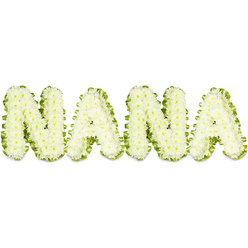 A tender, hand-assembled memorial piece spells NANA in large, sculptural letters set against a pure white backdrop. Each character is densely covered with small white button chrysanthemums whose compact heads create a pillowy, tactile surface that reads both refined and intimate. The blooms are arranged with an eye for uniformity so that from a short distance the letters appear seamless and luminous under soft, balanced lighting that highlights the freshness of each floret. Surrounding and defining each letter is a crisp band of verdant green - either tightly arranged foliage or a pleated ribbon - which punctuates the whiteness with a living, restorative colour. This green border not only frames the typography but lends an elegance that feels respectful rather than ornate, evoking the quiet dignity suited to a funeral or remembrance service. I can imagine Clerkenwell families seeing this at a visitation near Exmouth Market or at a chapel service close to Farringdon, the clean palette of white and green helping soothe grieving visitors. The piece's three-dimensional quality, compact chrysanthemum texture, and subtle freshness convey both a meticulous florist's craft and a heartfelt farewell. The scent is understated - faint, green, and floral - while the visual impression is one of calm, purity and steadfast love for a grandmother whose memory is carefully honoured.