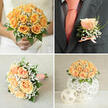 The boutonnière is a small, deliberate note of ceremony pinned to the lapel: a single peach rosebud, its outer petals cupping inward with velvety softness, set against a halo of tiny white gypsophila and a fine sprig of green foliage. The rose's warm apricot hue picks up the coral undertones of the groom's tie, which peeks from beneath a crisp white shirt, while the dark charcoal or deep navy jacket provides a dramatic, elegant backdrop that lets the blossom's colour sing. A slender peach-coloured ribbon is tied at the stem, finished with a neat bow that echoes the bouquet's palette without overwhelming the simplicity of the piece. The textures are key-the soft, satiny rose petals contrasted with the airy, lacy clouds of gypsophila and the slight chew of the greenery-so that the boutonnière reads as both crafted detail and honest bloom. Close-up, you notice the floral tape and discreet stem wrap that keeps it secure and wearable during vows, handshakes, and photography; from a florist's point of view this balance of form and function is what makes a buttonhole comfortable to wear all day. Placed near the heart, this little cluster carries the same sentiment as a first look or a whispered promise. In Clerkenwell, where intimate registries and converted warehouses host personalised ceremonies, this boutonnière offers a quiet, perfectly coordinated accent that ties the couple together in colour and intent.