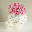 A low, rounded bouquet of candy-pink roses and airy baby's breath is cradled in a white woven orb, forming a graceful modern display that would suit a stylish Clerkenwell wedding or civil ceremony. The roses are tightly clustered into a smooth dome, their petals layered in soft spirals that move from pale powder pink at the centre to more saturated magenta along the ruffled edges. Between them, fine sprigs of baby's breath rise like soft white mist, adding texture and giving the flowers a gentle, clouded border. The container is a striking sculptural feature in itself: a matte white sphere crafted from looping strands that interlace to create an open wicker lattice. Through its curved openings, you can glimpse slivers of stem and shadow, while the structure throws light and shade in delicate patterns over the surface below, much like daylight streaming across a Clerkenwell townhouse windowsill. The overall effect is light, polished, and contemporary, with no greenery to interrupt the interplay of pink and white. It feels serene yet celebratory, the kind of arrangement you might place at the signing table at Islington Town Hall before bringing it home to a flat near Farringdon or Barbican. Every element speaks to careful craftsmanship: the even height of the blooms, the precise curve of the dome, and the harmonious balance between romantic roses and minimalist design. The composition radiates tender affection and poised sophistication, ideal for marking engagements, anniversaries, or intimate wedding breakfasts in and around Clerkenwell.