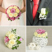 This collage of four wedding images presents a complete, harmonised floral story, like a walk through a Clerkenwell celebration from aisle to reception table. In the top-left panel, only the bride's torso is visible: she wears a white gown with delicate lace along the bodice, and in her hands rests a perfectly round, hand-tied bouquet. Cream and pale yellow roses form the foundation, while richer pink and mauve roses add depth and romance. Small tufts of white baby's breath and flickers of glossy green foliage thread between the blooms, so the bouquet feels both lush and controlled, a timeless choice for a ceremony off Farringdon Road or near Clerkenwell Green. The top-right panel zooms in on the groom's boutonniere set against a dark grey suit jacket. A single, pristine white rosebud stands at the centre, backed by tiny white filler flowers and a sprig of greenery, its stems bound in a crisp white satin bow. The boutonniere is framed by a vivid red silk tie and white shirt, creating a confident contrast while echoing the bridal flowers with subtle sophistication. In the lower-left panel, a bridesmaid's bouquet lies on a lightly textured linen surface. The design echoes the main bouquet but with a more relaxed shape: open cream and pale yellow roses, bright pink roses, generous baby's breath, and soft green leaves, all tied with a pink and white striped ribbon that adds a cheerful, handmade charm, as if prepared for photos outside a Clerkenwell café. The bottom-right panel reveals a compact table arrangement of the same palette, arranged atop a spherical white twig vase. Two smaller woven natural spheres sit nearby on a white surface against a muted beige backdrop, evoking relaxed, contemporary London wedding décor suitable for intimate receptions across EC1.