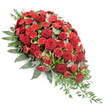 A dignified red funeral spray is captured here against a pure white background, its shape forming an elegant, elongated teardrop that feels both structured and softly flowing. The upper left section is dense and full, gradually leading the eye down to a refined tip at the lower right, like a quiet farewell drifting to a close. Deep red roses are scattered throughout the main body of the design, their plush, velvety petals unfolding in neat spirals that suggest timeless devotion. Interwoven among them are slightly lighter red carnations, each bloom composed of many small, serrated petals that create a rich, feathery texture, softening the spray's silhouette. These reds rest on a bed of lush greenery: broad, dark green leaves provide a sturdy framework, while strands of silvery eucalyptus thread between the blossoms, adding cool highlights and subtle contrast. From the narrowing end, delicate sprigs of paler green foliage trail outward and downward, lending the piece a natural, cascading rhythm reminiscent of foliage spilling over a garden wall near Clerkenwell Green. The lighting is even and gentle, revealing details without harsh shadows, so each petal and leaf can be clearly imagined. This arrangement feels like something a trusted Clerkenwell florist would prepare with care for a family saying goodbye, suitable for placing atop a casket or beside a photograph at a memorial service. It conveys sympathy, reverence, and an enduring bond, offering a floral expression when words alone are not enough.
