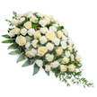 A dignified white funeral spray is photographed on a bright white background, its graceful crescent shape angled from the fuller top left to a refined, tapering point at the bottom right. The upper section of the spray is luxuriously packed with pristine white and soft ivory roses, each bloom at a different stage of opening: some remain as smooth, compact buds, while others unfurl into wide, cupped flowers with intricate spirals of petals. Threaded between the roses are soft, frilled white carnations, whose many small petals create a gentle, cloud-like texture and give the piece a sense of quiet abundance. Beneath and around the blossoms lies a foundation of rich greenery. Silvery-green eucalyptus leaves fan out with a muted sheen, bringing a cool, tranquil undertone, while darker green foliage and slender ruscus stems flow along the edges of the spray. At the lower tip, this trailing greenery extends outward, emphasizing the teardrop outline and adding a natural, flowing movement to the design. The overall mood is one of serene reverence, as if the flowers have been prepared in a calm Clerkenwell studio and are ready to be taken to a local church, crematorium, or family home for a final farewell. This type of elongated white spray is often chosen to rest on a coffin or as a central tribute at a memorial, symbolising purity, love, and a peaceful journey. The careful balance of colour, texture, and shape reflects thoughtful craftsmanship and a deep respect for the person being remembered.
