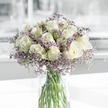 Centered on a pristine white surface, a lush bouquet of white roses and lavender statice glows softly in a pool of natural light, like a moment of calm in the heart of Clerkenwell. The arrangement is full and rounded, with around two dozen roses forming its core; each bloom is creamy and immaculate, petals folding inward in elegant spirals that suggest both strength and tenderness. Some of the outer petals hint at a very soft green, giving the bouquet an almost porcelain-like depth. Weaving through and around the roses, tiny purple flowers-likely statice-create a veil of airy colour, their clustered florets adding a gentle, tactile texture that contrasts with the smoothness of the rose petals. The bouquet is gathered in a clear cylindrical glass vase, whose transparency reveals straight, tidy green stems submerged in bright, clean water, a sign of freshness one might expect from flowers brought in that morning from central London markets. Subtle daylight, reminiscent of the light that filters into flats and studios near Clerkenwell Green, falls across the flowers, catching on the vase and highlighting the delicate nuances of cream and lavender. Behind the arrangement, the scene dissolves into a soft blur of light grey and white tones, suggesting a quiet, refined room. The mood is peaceful and reflective, making this image especially suited to sympathy occasions or moments of remembrance. It feels like a thoughtful, understated design crafted by a Clerkenwell florist who understands how to create beauty that comforts without overwhelming.