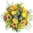 This uplifting bouquet, hand-arranged just steps from Clerkenwell's storied churches and creative studios, radiates an unmistakable sense of joy. Sunflowers with broad, golden petals seem almost to smile, while butter-yellow roses add lush softness, their spiral centres pulling the eye inward. Between these sunny focal points, clusters of deep red berries gleam like hidden treasures against the playfully vibrant orange sprays-a pallete that conjures the warm energy of a local summer market. Wispy ferns and chartreuse-green filler spill out, softening the edges and lending the arrangement a buoyant, naturally gathered feel. Eucalyptus leaves provide gentle notes of sage and silver, their subdued tones grounding the bouquet and balancing the cheerful explosion of colour. Returning again and again is the sense of life and movement-like standing along Clerkenwell Road on a breezy, bright afternoon. Fragrances mingle: subtle hints of sweet rose and earthy greens recall the fresh air of Spa Fields. Whether sent to celebrate a birthday, lift someone's spirits, or welcome guests to a gathering, this locally crafted arrangement expresses the community's cheerful heart. Each stem, thoughtfully placed, speaks to the area's reputation for artistry and genuine care-a bouquet that feels at home in Clerkenwell as it spreads happiness throughout the neighbourhood.