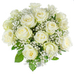 A serene, high-key studio photograph of a hand-tied bouquet composed of roughly 15 to 20 creamy white roses clustered into a classic rounded dome, set against an immaculate white background. The roses range from tight buds to softly opening blooms, their velvety petals glowing with a faint buttery cream at the heart and the palest hint of green on a few outer guard petals that signals recent cutting. Woven between the large rose heads are airy clouds of tiny white gypsophila - delicate, star-like florets that float like frost and give the arrangement a soft, weightless texture. Fresh, mid-green rose foliage peeks through the composition, its glossy leaves forming a quiet, supportive backdrop that makes the white blooms read even purer in the bright light. The professional lighting accentuates subtle shadow and curve, revealing petal layers, a gentle satin sheen, and the tactile powder-smooth surface of each rose. The overall effect is one of calm and refined simplicity: a bouquet that reads as quiet devotion, offering comfort, remembrance, or the gentle optimism of a new start. Imagined on a wedding table near Spa Fields or as a sympathy tribute for a Clerkenwell address, this arrangement speaks with minimal, elegant language. The scent, though not visible, is suggested through description - a soft, fresh rose perfume tempered by a cool, green undertone. Crafted with floral restraint rather than excess, the bouquet's balanced shape and muted palette make it versatile: at once bridal, consoling, and timeless, an emblem of purity and understated grace for any intimate occasion in the neighbourhood.