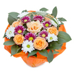 Pictured from above against a pure white backdrop, this meticulously arranged bouquet embodies the vibrant character of Clerkenwell's flower shops. In the forefront are velvety peach-orange roses, their open petals radiating a gentle warmth, reminiscent of a summer sunset over Granary Square. Deep magenta-purple chrysanthemums with finely layered petals and lively lime-green centers intersperse the roses, adding layers of rich contrast and texture. Classic white daisies, their bright yellow centers gleaming, infuse a crisp freshness and evoke a sense of joyful simplicity. Surrounding foliage-dense and glossy, perhaps broad eucalyptus or ruscus-cradles each blossom, building a plush, abundant foundation. Thin arcs of bright green bear grass sweep elegantly across the upper edge, giving a lift of playful sophistication that echoes the neighbourhood's modern design sensibilities. The whole composition is securely wrapped in a vivid, crinkly orange paper, its lively hue complementing the floral palette and enhancing the bouquet's festive feel. Ideal for delivery to offices along Farringdon Road or for brightening homes in the heart of Clerkenwell, this colourful display is heightened by the detailed interplay of flowers, foliage, and modern wrapping-capturing not just the artistry of local florists, but also the celebratory spirit of the community.