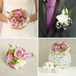 A softly lit wedding scene shows a hand-tied bouquet and a matching boutonnière, carefully styled for a couple preparing to marry somewhere around Clerkenwell's cobbled lanes. The bouquet is dominated by mauve-pink roses, their petals layered like watercolour brushstrokes, with slightly curled edges that look almost airbrushed. Tucked between the roses are neat green button chrysanthemums, their tiny domes dense and textured, giving a playful contrast to the smoothness of the rose petals. Creamy white lisianthus and other pale blooms weave through the design, their frilled petals adding a feather-light touch and a dreamy sense of depth. The arrangement is rounded but not rigid, that modern classic style you might carry from a ceremony near St John Street straight to a reception in a nearby warehouse venue. Bright ribbon is wrapped tightly around the stems, creating a neat band of colour that visually anchors the bouquet and offers a comfortable, slip-free grip. Light seems to skim across the tops of the petals, making them glisten as if still kissed with early-morning dew from a local flower market. The boutonnière, made from a single elegant white blossom accented by wisps of greenery and a hint of lavender detail, echoes the bouquet without overwhelming it. It sits poised to be fastened to a lapel, adding a small but significant flourish to the groom's suit. The overall mood is joyful yet composed, like a quiet pause before the music starts, capturing the essence of a wedding morning unfolding in and around Clerkenwell.