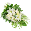 A sophisticated white and green memorial spray lies diagonally across a stark white background, carefully crafted as a one-sided design that feels both structured and organic. The focal point is a cluster of generous white Oriental lilies, their large trumpet blooms softly curved and open to reveal pale stamens, accompanied by slender buds that stretch upwards. Around these, layers of creamy white roses, ruffled carnations, and simple white Gerbera-like daisies form a lush, textured heart, their various petal shapes overlapping like gentle waves. Delicate white filler flowers, reminiscent of tiny stars, are scattered throughout, lending a gauzy, ethereal quality. Supporting this floral centrepiece is a foundation of vibrant greenery: broad, deep green leaves with a polished surface provide solidity, while airy fern fronds and rounded eucalyptus leaves add lightness and subtle variation in tone from forest green to muted blue-green. At the upper portion, long, narrow blades of foliage are folded and tied into neat loops, giving a tailored, contemporary accent. From the lower right, several slender palm fronds extend outward in a sweeping fan, defining the spray's elongated contour and drawing the eye along its line. The overall effect is calm and reverent, ideal for a funeral or celebration of life. It feels like the kind of thoughtful tribute a Clerkenwell family might choose for a service near St John Street or Farringdon, a serene expression of purity, respect, and enduring love.