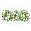 A poignant floral letter tribute spelling out DAD stretches horizontally across a bright white background, every detail of the design clearly visible. Each individual letter is built from a dense mass of white blooms, predominantly fluffy chrysanthemums and crisp white gerbera daisies, their layered petals creating a soft yet substantial surface that immediately draws the eye. Between and among these focal flowers, petite white lisianthus, spray roses, and similar delicate blossoms add fine texture and a sense of gentle movement, as if the flowers had just been freshly arranged. The shapes of the D, A, and final D are carefully edged with lush green foliage: airy fern fronds and structured leafy stems follow the contours, giving each letter a defined outline while introducing a sense of life and renewal. Pops of colour appear in thoughtful places: clusters of bright green button chrysanthemums nestle against the white petals, while deep violet and royal purple flowers-resembling small pansies, violas, or spray chrysanthemums-offer moments of richness and quiet dignity. Soft lavender and mauve roses, along with dusty pink carnations, soften the palette and bring emotional warmth to the design. The overall feel is calm and contemplative, like a tribute laid out in a peaceful Clerkenwell chapel or funeral home before family and friends arrive. Crafted by an experienced local florist, this DAD arrangement serves as a heartfelt way to express sympathy, admiration, and lasting love during a funeral, memorial service, or graveside farewell within the Clerkenwell community.