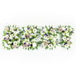 A quietly moving, horizontal tribute spells the word SON in three carefully formed letters set against a clean, neutral white background. Each letter is tightly composed from a bed of crisp, white blooms-a mixture of full, densely petaled chrysanthemums and the distinctive white anemone with its dark, almost black center-so the shapes read clearly even from a distance. Soft lilac and pale lavender sprigs are worked in among the whites, lending a gentle wash of colour that deepens the composition without overwhelming the serene palette. Abundant feathery fern fronds and glossy green foliage trace and support each letter, their curled tips creating a living outline that breathes movement into the otherwise still arrangement. Small green button chrysanthemum clusters and compact foliage nuggets sit low within the letters, adding concentrated texture and a fresh, verdant counterpoint to the soft petals. The arrangement rests on a low, inconspicuous dark structural base that gives definition and stability to each character, occasionally visible where blooms are offset, and the overall lighting is soft and even-like a calm morning light in a Clerkenwell workshop-so the whites remain luminous and the purple accents retain warmth. As a sympathy piece the tribute reads as intimate and personal: the selection of whites suggests peace and remembrance, the pale purples offer comfort, and the ferned edges convey protection and continuity. I imagine the faint, fresh scent of petals and green stems in the air, a comforting presence for those gathered. Designed with care for memorial services across Clerkenwell and nearby St John's Square, this arrangement aims to speak when words fall short, offering a tactile, visual expression of love and loss.