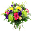 A vibrant, round bouquet is captured in front of a bright white background, its colours and textures allowed to shine as clearly as if it were placed on a minimalist table in a Clerkenwell loft. At the centre, a large hot pink rose, along with similarly hued companions, opens in plush, velvety layers that create an unmistakable focal point of warmth and affection. Surrounding these are lime green spider chrysanthemums, their slender, elongated petals reaching outward in playful, spiky bursts that give the arrangement an energetic, almost kinetic quality. Deep indigo and royal purple lisianthus flowers thread through the composition, some fully open with softly frilled, bell-shaped heads, others in smooth, tapering buds that add height and a rhythmic sense of promise. Bright yellow gerbera or button-style blooms dot the bouquet, their sunny faces reminiscent of cheerful moments spent around Clerkenwell's cafés and co-working spaces. Tucked modestly among the stronger colours is a single cream or pale yellow rosebud, still tightly wrapped, offering a quiet, refined counter-balance. Fine details come from small filler flowers in light pink and lavender, along with slender stems crowned by green buds that rise delicately above the main dome, adding a touch of wild, garden-like spontaneity. A generous surround of deep green foliage-glossy leaves, soft fern fronds, and smooth, rounded stems-cradles the bouquet and enhances its depth, making the colours appear even more vivid. The stems are neatly tied together in the classic hand-tied style, ready for a vase after being delivered locally. Overall, the bouquet exudes joy, creativity, and thoughtful care, ideal for birthdays, congratulations, or a bright pick-me-up sent to an apartment or office near Clerkenwell Green, Farringdon Road, or Leather Lane.