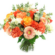 Against a clear, brilliant white background a hand-tied bouquet sits upright, a compact globe of sunlit colour that feels like a small celebration. The arrangement is densely packed with large, open roses in shades from deep, fiery orange to radiant golden yellow, their velvety petals spiraling inward as if holding a warm secret. Around them, coral and peach carnations offer a softer, ruffled texture-an abundance of frilly petals that push gently against the roses to create volume and playful movement. Cheerful gerbera daisies punctuate the design with flat, radiating faces in soft peach-pink and brighter orange, each with a slightly recessed yellow-green eye that draws the gaze inward. Scattered clusters of tiny white filler blooms-reminiscent of freesia or small spray flowers-brighten the bouquet like scattered pearls, while delicate, Astrantia-like pale green clusters add a feathery, airy note that softens the composition.

Silvery-green eucalyptus leaves are woven throughout, their rounded, muted foliage giving cool contrast and a subtle aromatic lift when the bouquet is held close. The stems are neatly gathered and tied at the base, signalling a fresh, hand-tied design ready for vase display or same-day delivery across Clerkenwell. In soft natural light the colours read like a captured sliver of late summer-warm, uplifting and quietly elegant. As a local florist would say, this arrangement carries the tactile pleasures of velvety rose heads, scalloped carnation petals and crisp eucalyptus; it suits birthdays, thank-you gestures, autumnal centrepieces or simply brightening a kitchen table near Exmouth Market or St John Street.