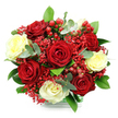 A richly detailed bouquet of roses in red and cream sits centre stage against a pristine white backdrop, every bloom and berry clearly defined as if inviting closer inspection. The arrangement forms a compact, rounded silhouette, dominated by sumptuous red roses with velvety, fully unfurled petals that radiate depth and passion. Between them nestle creamy white and soft pale yellow roses, their gentler tones suggesting calm, trust, and tenderness, softening the drama of the crimson blooms. Threaded elegantly throughout are plentiful sprays of tiny scarlet filler flowers, similar to dyed red gypsophila, which create a fine, airy lacework around the larger heads and enhance the bouquet's festive vibrancy. Bright red hypericum berries are tucked among the petals and leaves, their smooth, rounded shapes and lacquered sheen contributing a joyful, seasonal touch that would feel equally at home in a Clerkenwell loft or a cosy café just off Goswell Road. Encircling the flowers is an assortment of foliage: deep green leaves provide a rich, grounding backdrop, while small, coin-shaped eucalyptus leaves in silvery green add cool accents and structural rhythm. The bouquet is gathered neatly into a clear, glass-like container, with the base subtly finished in a green and white checked wrap or ribbon that hints at a carefully prepared gift. The clean, white background and even lighting keep all attention focused on the interplay of colours and textures, from petal softness to berry gloss. This bouquet visually expresses affection, gratitude, and quiet celebration, perfect for same-day delivery to homes and studios around Clerkenwell Green, whether for an intimate anniversary, a festive table, or a heartfelt thinking of you.