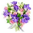 Against a bright, white studio backdrop, this luxurious bouquet glows with a carefully chosen blend of cool purples, gentle pinks, and soft whites, composed with the calm assurance of a seasoned Clerkenwell florist. The eye is immediately drawn to several large Vanda orchids whose petals are saturated in deep violet-blue, their intricate speckles and veins creating a mesmerising pattern, as though each flower has its own constellation. Cradling these statement blooms are blush-pink roses in varying stages of openness: some are shy, tight buds, while others unfurl into full, romantic rosettes that seem almost touchably soft. Cream-toned spray roses weave through the design like delicate lace, adding light and volume. Small, starry white filler flowers and clusters of smooth white hypericum berries sit between the roses and orchids, offering moments of brightness and fine detail, the kind that rewards a lingering gaze. Soft, velvety sprigs of silvery dusty miller bring a cool, misty quality, reminiscent of early-morning light drifting over Clerkenwell's rooftops, while deep green foliage shapes the bouquet into a rounded, abundant form. At the base, a sheer, iridescent ribbon in silver and lilac wraps the stems, its subtle shimmer echoing the orchid petals and tying together the cool colour story. The arrangement feels ideal for intimate celebrations-a special birthday, a romantic surprise delivered to an apartment near Clerkenwell Green, or a thoughtful thank-you gift brought into a creative studio-radiating a quiet yet unmistakable sense of love, elegance, and contemporary style.