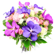 A hand-tied bouquet brimming with rich colour and texture is set against a plain white background, as if freshly placed on a bright counter in a Clerkenwell flower studio. Large, fully opened pink peonies sit at the centre like soft, layered cushions, their densely ruffled petals inviting the eye to linger. Threaded between them are dramatic Vanda orchids in deep purple and bold fuchsia tones, each petal wide and slightly glossy, patterned with intricate, mosaic-like veining that hints at the exotic. These statement blooms are surrounded by a halo of smaller roses: clusters of blush and peach spray roses, creamy white and pale yellow buds, some tightly closed, others beginning to spiral outward, creating a sense of unfolding romance. Fine white filler flowers, probably dainty chrysanthemums or asters, dot the spaces in between, adding a light, airy sparkle to the composition. All of this is framed by an abundance of fresh green foliage, from broad, polished leaves to more delicate variegated sprigs, giving the bouquet a lush, garden-picked quality reminiscent of a summer walk from Farringdon station up toward Clerkenwell Green. At the bottom, the stems are neatly aligned and tied with a purple ribbon that echoes the orchids' tones, with a subtle layer of sheer mesh adding texture without distraction. The colour harmony of vivid purples, soft pinks, peaches, creams, and crisp white, anchored in rich green, creates an atmosphere of generous celebration and refined joy, perfect for marking special moments or brightening a stylish Clerkenwell home or studio.